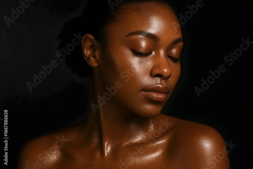 Wallpaper Mural A close-up of a woman with glowing skin, showing a serene expression against a dark background. Concept Glowing Skin, Serene Expression, Close-Up Photography, Dark Background, Beauty Portrait Torontodigital.ca