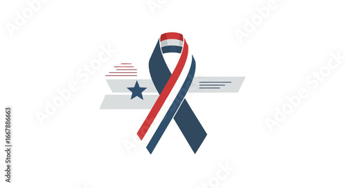 Elegant Memorial Ribbon with Red, White, and Blue Colors, Star Emblem for Patriotic Events, Commemorations, and National Holidays, Symbolizing Respect, Honor, and Patriotism