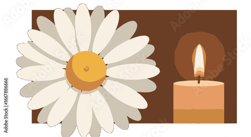 Elegant Minimalist Floral and Candle Arrangement for Romantic or Relaxation Decor, Featuring a White Daisy with Yellow Center and a Warm Amber Candle in a Modern Still Life Composition
