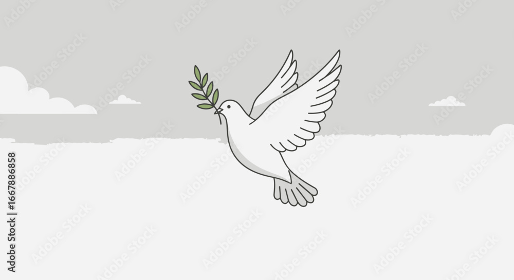 Fototapeta premium Elegant White Dove Flying Gracefully in a Serene Sky Setting with Olive Branch Emblem, Symbol of Peace, Harmony, and Freedom for Peaceful Messaging and Global Unity Campaigns