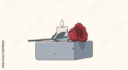 Elegant Romantic Still Life Arrangement with Red Rose, Candle, and Grey Stone Block for Love, Celebration, or Remembrance Themes, Ideal for Valentine's Day, Anniversary, or Memorial Visuals