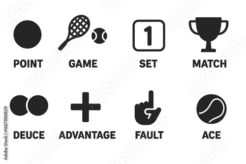 Tennis scoring icons vector set with solid filled symbols including point, game, set, match, deuce, advantage, fault, ace, sports equipment illustration