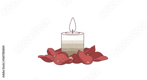 Elegant white scented candle with flickering flame on a bed of rose petals, creating a romantic, soothing ambiance for relaxation, celebration, or decorative purposes in home decor and special events