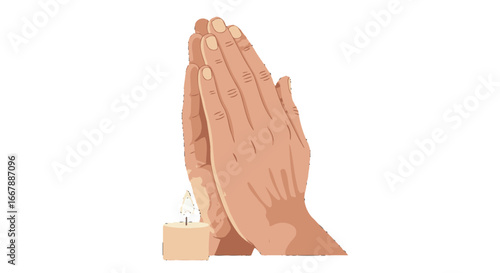 Illustration of Two Hands in Prayer Position with a Lit Candle on a White Background, Representing Spiritual Devotion, Meditation, Religious Rituals, Peace, Calmness, and Reflection
