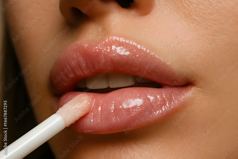 Naklejka premium Close-up of a person's lips being applied with a glossy lip product using a wand applicator. Concept Lip Gloss Application, Close-Up Photography, Makeup Techniques, Beauty Products, Cosmetic Tools