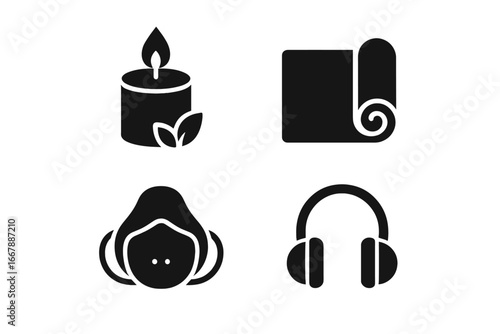 Therapeutic Tool Icon Set with Solid Filled Style, Calming Candle, Yoga Mat, Breathing Mask, Headphones, Vector Illustration for Relaxation and Wellness Concepts