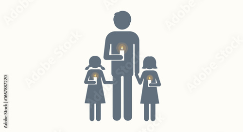Minimalist Illustration of a Family with a Father and Two Children Holding Candles, Symbolizing Unity, Love, and Hope, Perfect for Family, Holiday, and Celebration-themed Commercial Uses