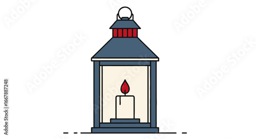 Minimalist Illustration of a Classic Lantern Holding a Red Candle, Symbolizing Light, Hope, and Safety, Suitable for Holiday, Vigil, or Celebration Themes, Modern Flat Style Design