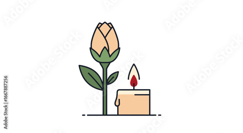 Minimalist Line Art Illustration of a Hand Holding a Rose with a Candle for Gentle, Elegant, and Sophisticated Design, Suitable for Memorial, Remembrance, Peace, or Spiritual Themes in Various