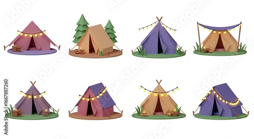 Colorful cartoon camping tents isolated on white background for outdoor recreation