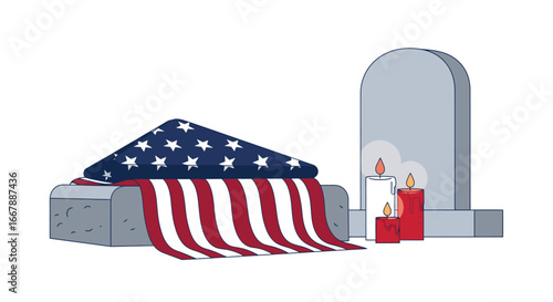 Patriotic American Memorial with Flag-Patterned Blanket Draped Over Tombstone, Memorial Candles Illuminating Tribute to Honor Fallen Heroes and Celebrate National Pride on Memorial Day or
