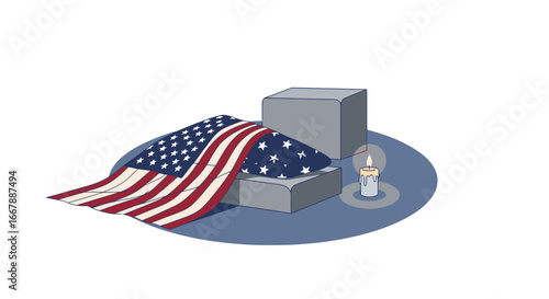 Patriotic Memorial Scene with American Flag Covering a Gray Coffin, Candlelight Tribute for Memorial Day or Veterans Day, Respect and Remembrance, Memorial Service or Eulogy Photo