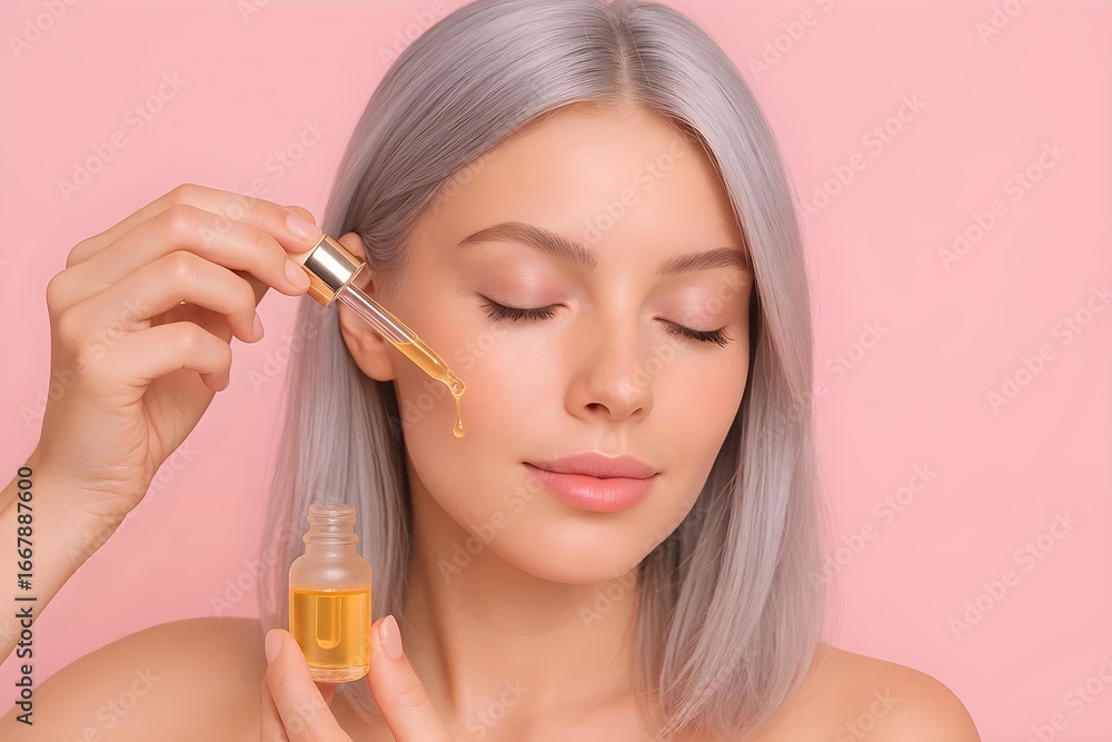 Fototapeta premium A woman applying facial oil with a dropper, set against a soft pink background. Concept Facial Oil Application, Beauty Routine, Skincare Essentials, Product Focus, Soft Pink Aesthetics