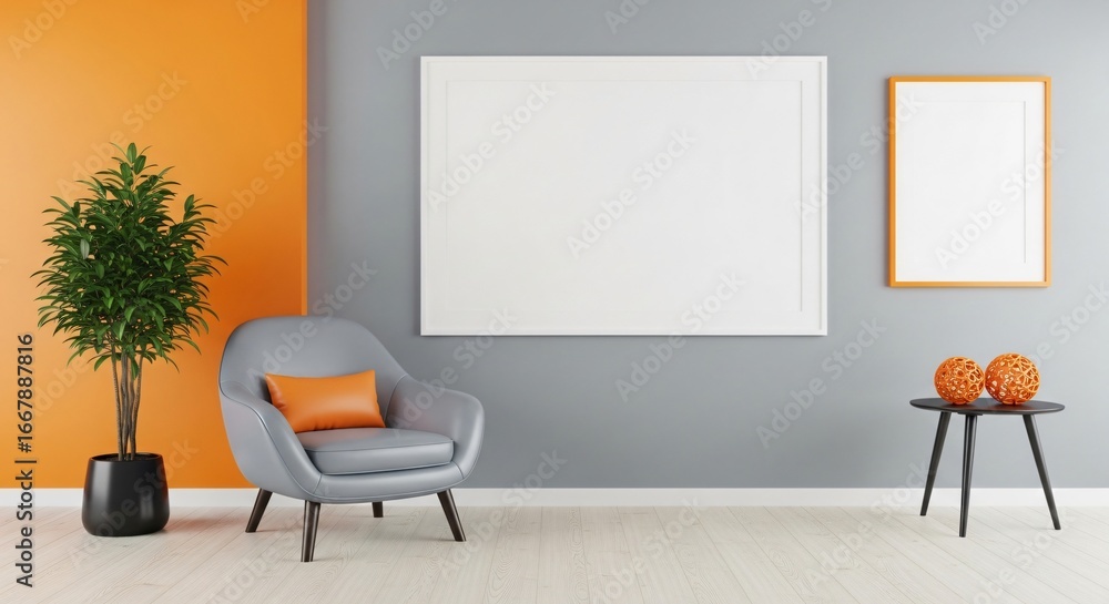 Fototapeta premium Modern living room interior with empty frames for art and decor ideas