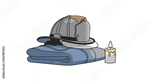 Traditional firefighter's helmet resting on blue folded fabric with lit candles for memorial or tribute, symbolizing safety, remembrance, and fire service honor in solemn and respectful setting