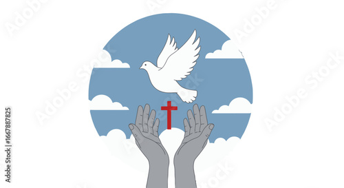 Symbolic Illustration of Spiritual Faith and Hope Featuring Open Hands Holding a Cross with a Dove Soaring Against a Blue Sky with Clouds, Emphasizing Spirituality, Religion, and Peace Themes for