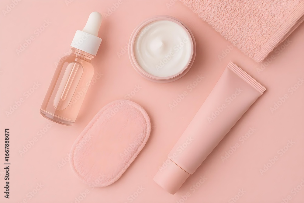 Obraz premium Four skincare products arranged on a pink background: a dropper bottle, a cream jar, a tube, and a soft cloth. Concept Skincare Essentials, Product Arrangement, Colorful Background, Beauty Routine
