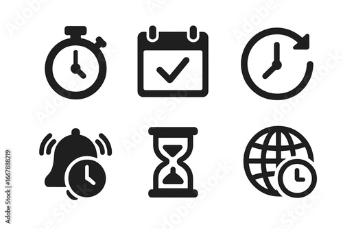 Time efficiency solid icons set including stopwatch, calendar with checkmark, clock with arrow, alarm bell, hourglass, global time zone symbol, vector illustration