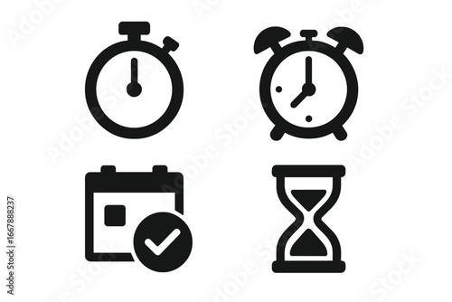 Time Management Icons. Solid Filled Vector Set of Stopwatch, Alarm Clock, Calendar Reminder, Hourglass, Productivity Tools, Time Tracking, Organization Symbols