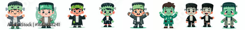 Children wearing Frankenstein costumes for Halloween. Vector, illustration, icon set