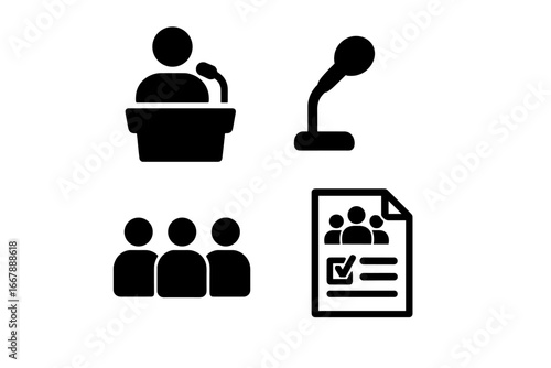 Town hall meeting icon set, solid filled community gathering symbols, podium with microphone, seated audience, agenda checklist paper, group discussion vector illustration