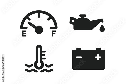 Tractor Dashboard Icons Set, Solid Filled Vector Illustration of Tractor Indicators for Fuel Level, Oil Pressure, Engine Temperature, Battery, Agriculture Equipment Symbols