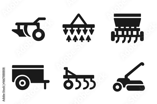 Tractor Equipment Icons Solid Filled Vector Set of Agricultural Tools Including Plow, Harrow, Seed Drill, Trailer, Cultivator, Mower on Transparent Background