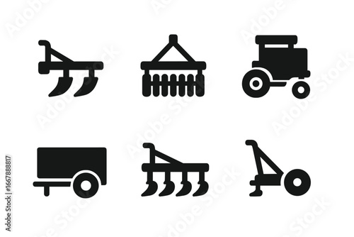 Tractor Equipment Icons Solid Filled Vector Set of Farming Tools Including Plow, Harrow, Seed Drill, Trailer, Cultivator, Mower Agricultural Machinery Illustration Transparent Background