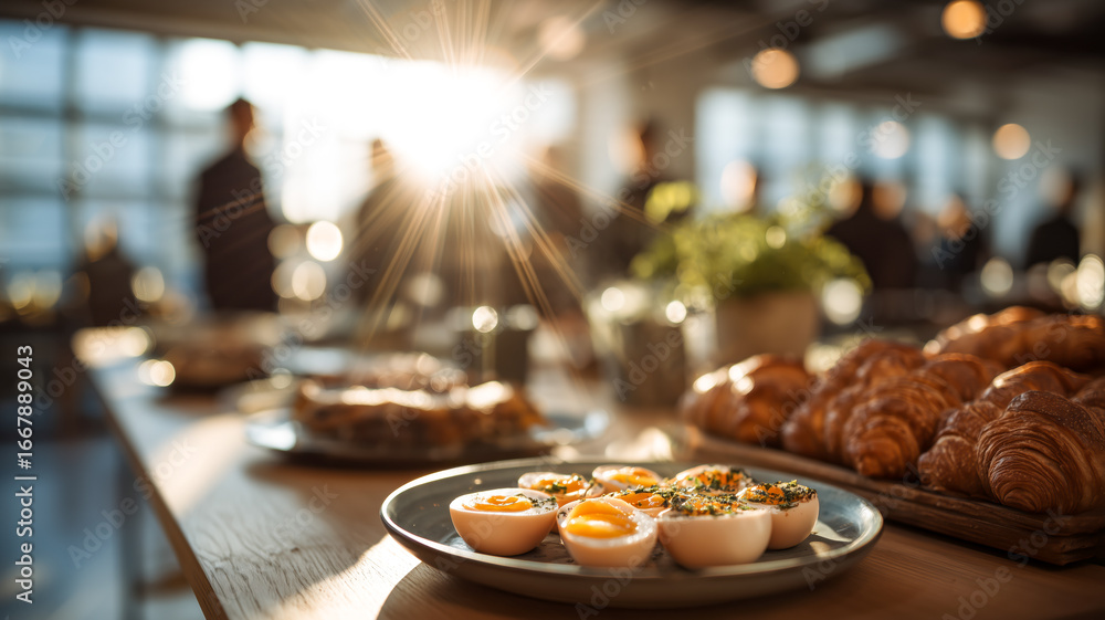 Fototapeta premium Bright breakfast spread: Deviled eggs, croissants, and cake offer a delicious start to the day in a sunlit room.