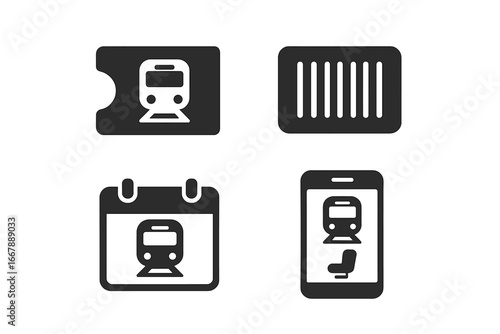 Solid filled train ticket icons set, including train ticket, barcode, calendar with train symbol, mobile app with seat booking, vector illustration on transparent background