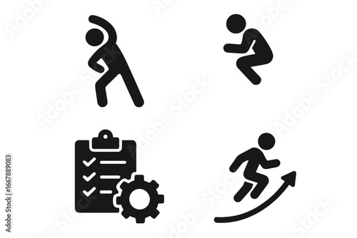 Training Icon Grid Solid Filled Icon Set for Workout, Preparation, Warm-up Stretch, Jump Simulation, Gear Checklist, and Performance Improvement Vector Illustration on Transparent Background