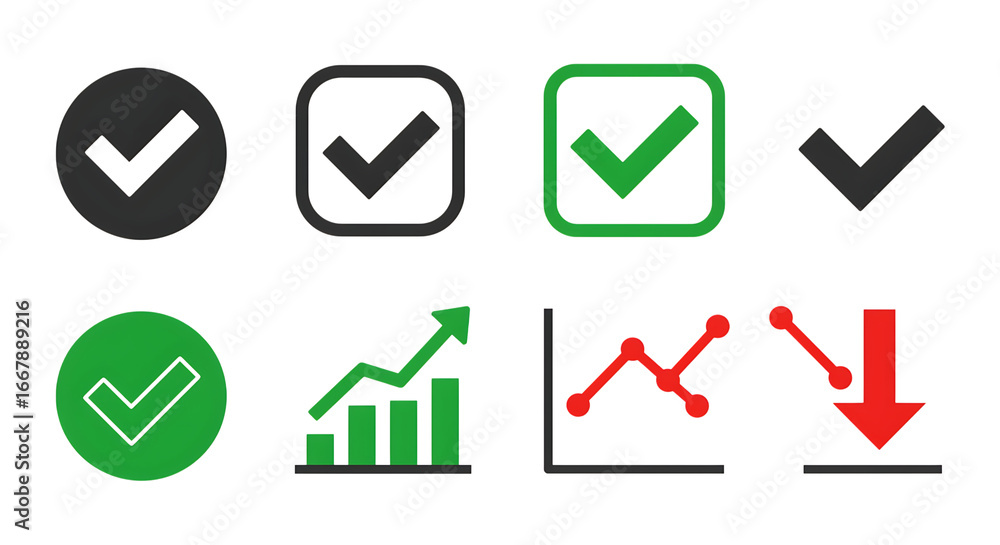 Business Icon Set with Tick Marks and Graphs Representing Growth and Decline Business Icon Set with Tick Marks and Graphs Representing Growth and Decline
