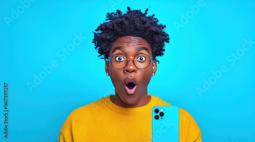 A Moment of Astonishment: A youthful individual expresses sheer shock and surprise, holding an electric blue smartphone with an expressive face against a vibrant blue backdrop.