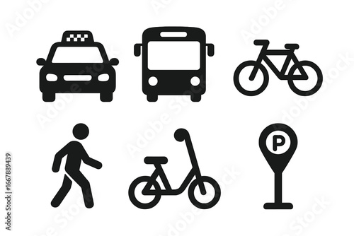 Transport Icon Set Solid Filled Vector Illustration of Taxi, Bus, Bicycle, Scooter, Pedestrian, and Parking Meter Symbols for Urban Mobility and Street Navigation