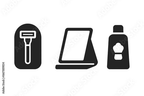 Travel Shaving Icons Set, Solid Filled Vector Symbols of Portable Shaving Gear Including Travel Razor Case, Foldable Shaving Mirror, and Mini Shaving Cream Bottle for Grooming on the Go