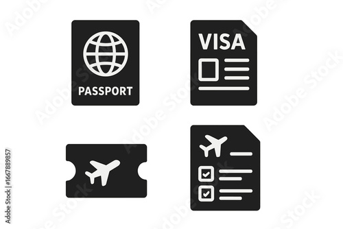 Travel Planning Icons Set, Solid Filled Travel Document Vector Collection Including Passport, Visa, Airplane Ticket, Itinerary, and Travel Preparation Symbols on Transparent Background