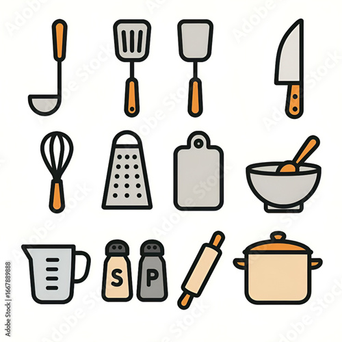 Kitchen utensil icon set with ladle whisk spatula knife grater and cooking tools