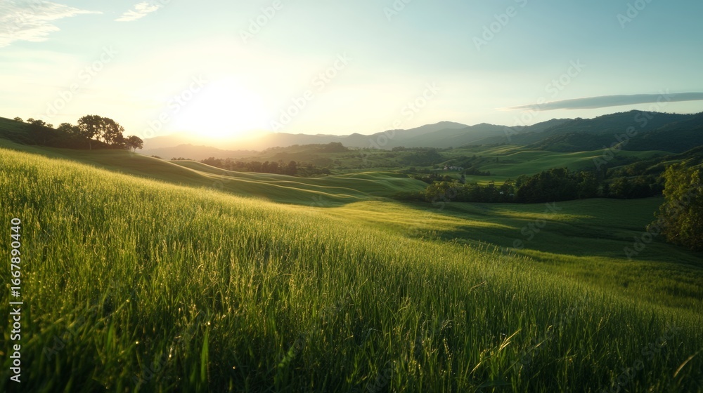 Fototapeta premium Sunrise over rolling hills green landscape nature photography serene environment wide angle view tranquility concept for seo impact