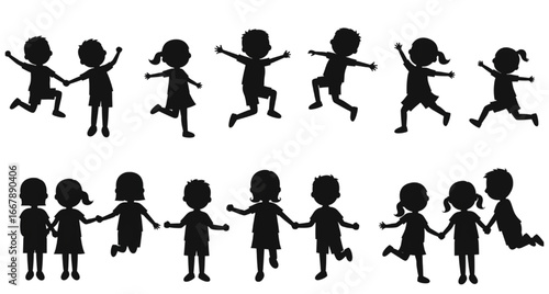Children silhouettes playful kids group jumping dancing holding hands minimal vector illustration for education fun activity design cartoon style artwork
