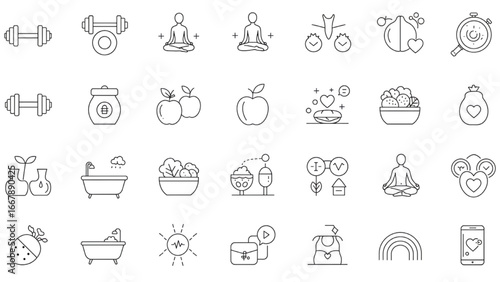 Health wellness mindfulness icons set fitness nutrition yoga meditation self care emotional balance minimal line illustration vector design