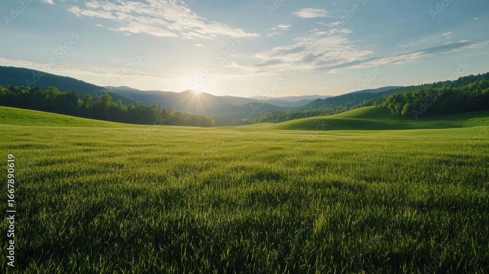 Obraz premium Sunrise over rolling hills scenic landscape nature photography lush greenery serene environment aesthetic viewpoint
