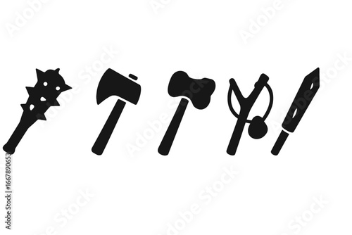 Solid black silhouette icons of troll weapons including spiked club, giant axe, bone hammer, rock sling, and log spear, crude vector illustration on transparent background