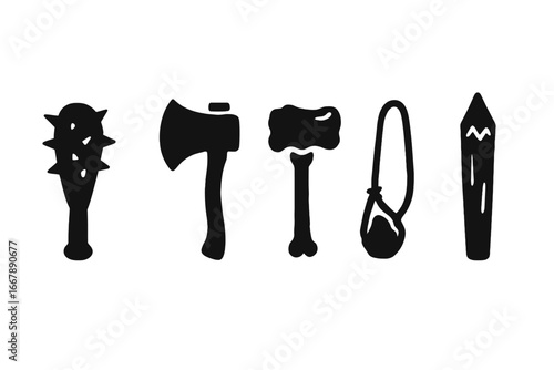 Troll Weapon Icons Vector Set, Solid Black Filled Troll Weapons Including Spiked Club, Giant Axe, Bone Hammer, Rock Sling, Log Spear, Crude Cartoon Style Vector Illustration on Transparent Background