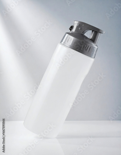 Wallpaper Mural A translucent white water bottle with a grey lid and carrying loop, angled against a light blue background with a spotlight effect. Torontodigital.ca