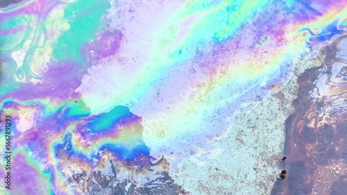 Oil petrol water pollution. Ecological disaster. Slick industry oil fuel spilling water pollution. Water with patches of gasoline and oil. Ecological catastrophe.  Concept of environmental problems