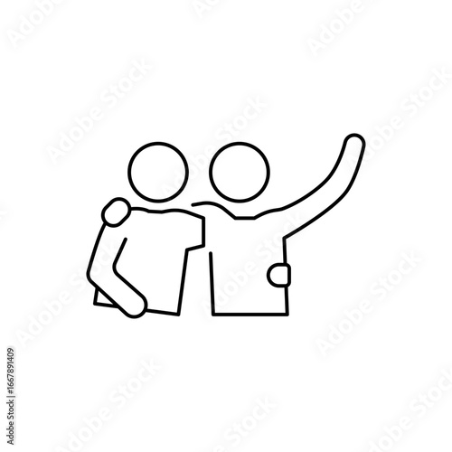 Two stick figures friends arm around each other one arm raised
