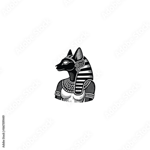 engraving logo illustration of the majestic Goddess Bastet, the ancient Egyptian feline deity symbolizing protection, grace, and divinity. flat vector template