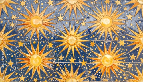 Repeating Stylized Sunburst and Star Tile Pattern in Blue and Gold