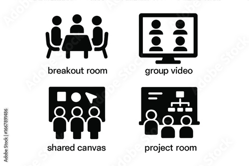 Virtual Team Icon Set with Solid Filled Design, Including Breakout Room, Group Video Call, Shared Canvas Collaboration, and Project Room Vector Illustration