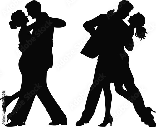 Black silhouette ballroom dancing couples illustration, tango dance vector art, elegant partner dance graphic, romantic performance design, formal dance artwork, movement silhouette drawing